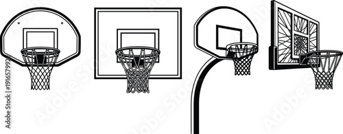 Basketball hoop silhouettes set, different backboards and nets, sport equipment collection, street court game, athletic training, vector illustration isolated