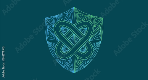 Abstract Shield Symbol with Interlocking Rings and Geometric Patterns.