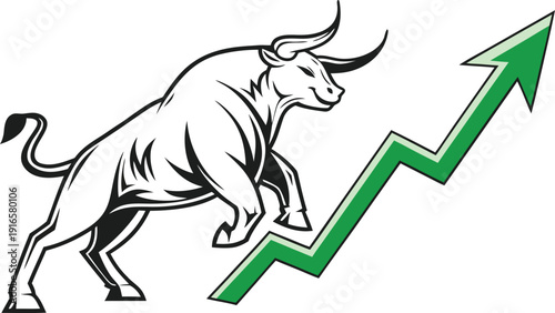 Dynamic Bull Market Illustration with Green Upward Trend Arrow Symbolizing Strong Financial Growth and Economic Optimism Isolated white background