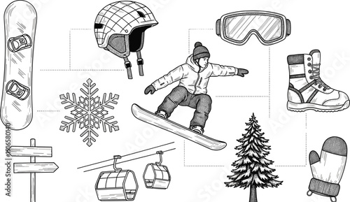 Snowboarding equipment and winter sport elements set with snowboarder, helmet, goggles, boots, cable car vector illustration collection isolated
