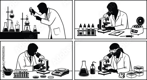 Laboratory research silhouettes, scientists conducting experiments, microscope analysis, chemistry lab equipment, medical testing, biotechnology investigation, scientific study concept