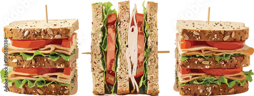 Healthy sandwich with vegetables and meat slices, whole grain bread lunch vector illustration isolated on white background design