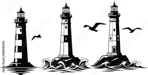 Lighthouse silhouettes on rocky ocean waves, coastal beacon towers with flying seagulls, maritime navigation safety, nautical seaside illustration artwork
