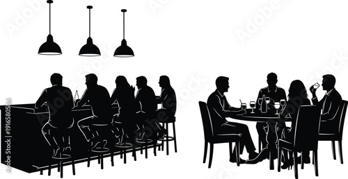 People silhouettes in bar and restaurant, social gathering dining scene, friends drinking wine, nightlife conversation, hospitality leisure illustration concept