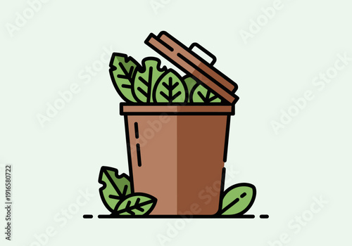 Brown trash can overflowing with green leaves.