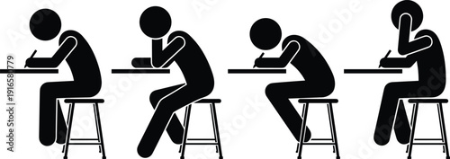 Student writing silhouettes, exam test situations, studying posture, classroom learning, school education concept, academic assessment, test anxiety, isolated vector illustration