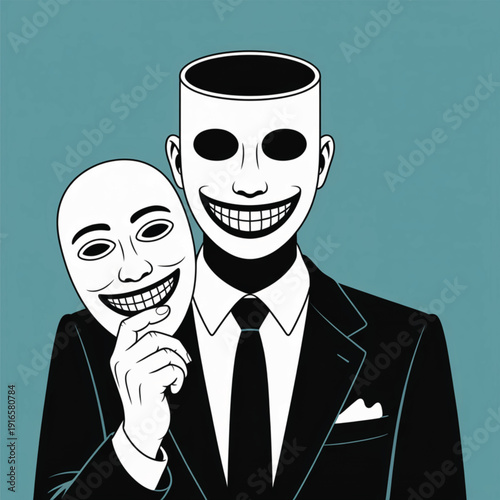 Man in suit holding a smiling mask with a headless neck
