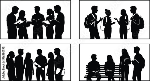 Students group silhouettes studying, talking and reading books, university campus education concept vector illustration isolated on white background design
