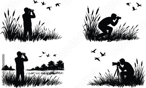 Wildlife photographer silhouettes with camera and binoculars, bird watching nature scene vector illustration isolated on white background design