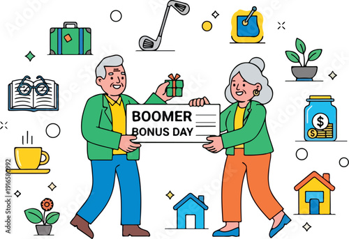 Happy senior couple celebrating Boomer Bonus Day with gift and money