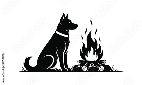 Dog sitting near bonfire Vector silhouette illustration design, dog near bonfire silhouette, dog campfire vector, camping dog silhouette, dog sitting by fire logo, outdoor dog campfire icon, camping 