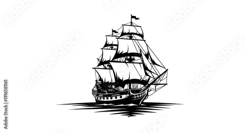 Vintage Sailing Ship Silhouette on White Background