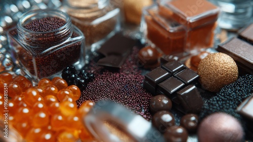 Assorted chocolate and caramel sweets close up