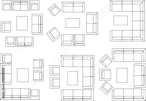 Diverse arrangement of modern furniture in a minimalist design, a top-down view of different living room layout options for interior design enthusiasts.
