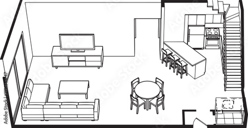 A detailed and elegant architectural drawing showcases a modern living space interior with a sleek kitchen, dining area, comfortable seating, and a captivating entertainment setup. 
