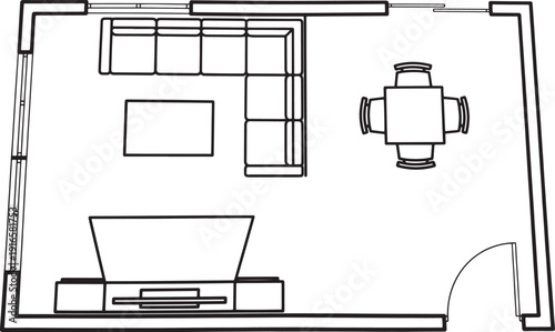 A modern living room plan showing layout of furniture.