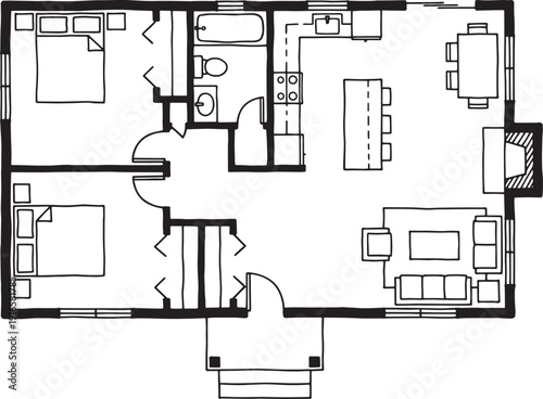 Blueprint style image of an architectural floor plan featuring living areas, kitchen, bedroom, bathroom, staircase and dining zone, offering a glimpse into design and layout