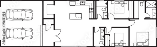 Architectural blueprint showcasing a modern house layout, complete with essential rooms and features.