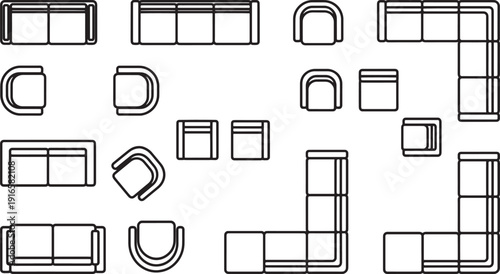 Interior design layout elements, top view schematic furniture arrangement of different sofa, armchair, table designs. Illustrating a collection of modular furnishings.