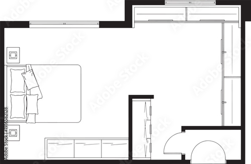 An Empty Bedroom's Perspective: A top-down outline of a contemporary bedroom, featuring the bed, bedside tables, closet, and storage cabinet, all meticulously sketched.