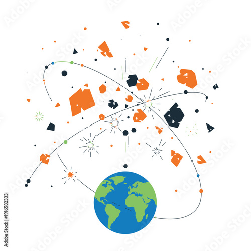 Kessler Syndrome Concept Icon Showing Chain Reaction Debris Explosion