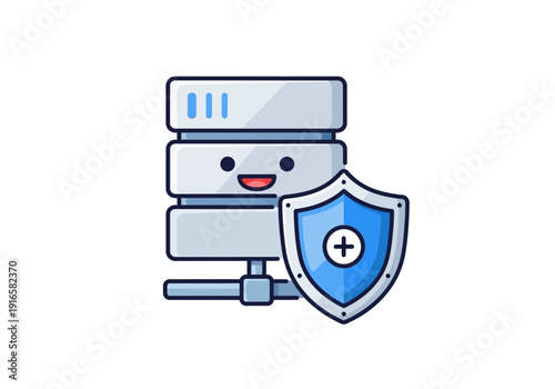 Cute Server Database Character with Shield Icon.