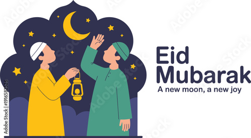 Two men in traditional clothing under a starry night sky with crescent moon yellow green white