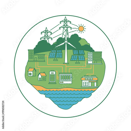 Microgrid island concept icon, independent power system with renewable energy, flat vector illustration of energy resilience