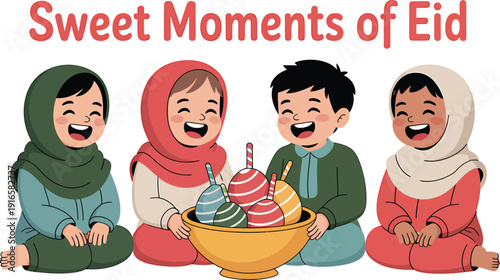 Four children in traditional clothing sitting with a bowl of colorful sweets kids smiling laughing hijab