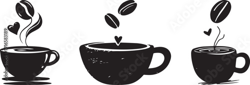 A set of black coffee cups with steam and hearts on a white background vector silhouette