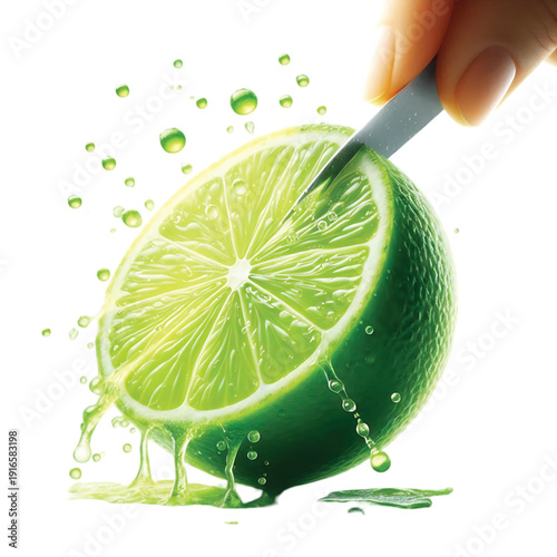 Fresh lime being sliced, releasing vibrant juice and droplets in a refreshing splash.