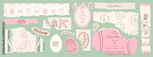 Easter scrapbook torn paper set. Retro paper decor. Scraps of holiday vintage wrapping paper, postcards, postage stamps. Vector design template for design collage