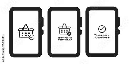 black and white smartphone displaying shopping basket icon showing successful confirmation
