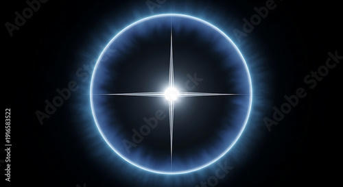 a glowing light source like a star or planet surrounded by a blue ethereal aura in dark space representing cosmic energy and tech.