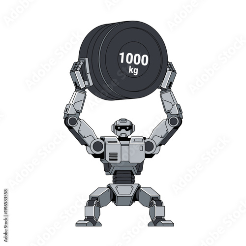 Robot lifting heavy weight icon, high payload capacity arm, flat vector illustration of industrial strength