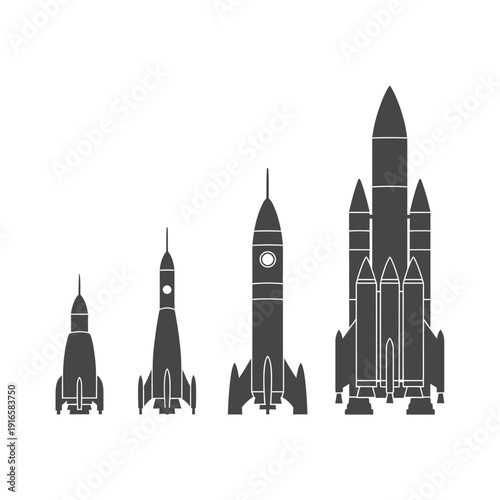 Rocket silhouette comparison icon, small to large launch vehicles, flat vector illustration of space transport
