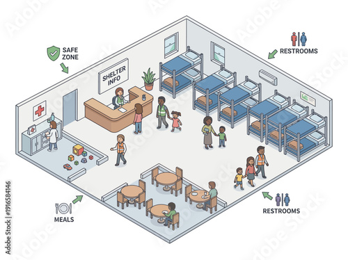Inside a Homeless Shelter with People and Amenities. Vector Illustration. EPS Editable