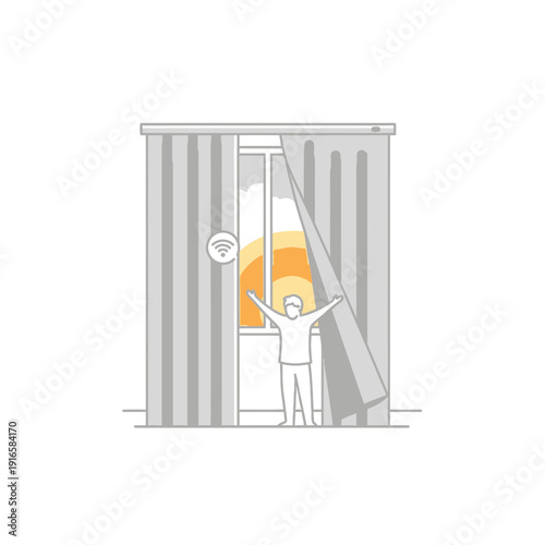 Smart curtains opening icon, morning routine automation, flat vector illustration of motorized window covering