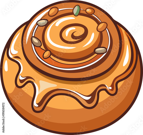 Sticky bun top view, caramel glaze dripping, pecan toppings, simple flat vector icon, bold outline, minimal shading, isolated on white background