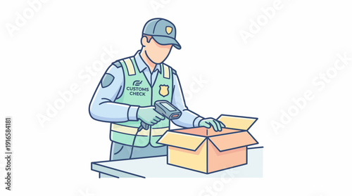 Customs Officer Inspecting Package with Scanner at Border Control. Vector Illustration. EPS Editable
