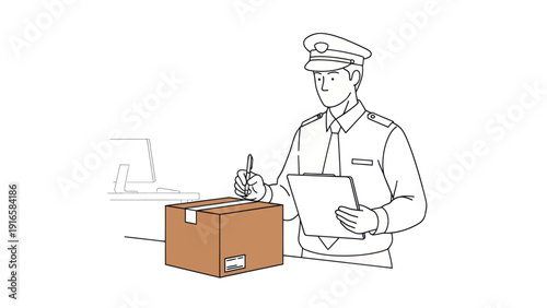 Customs Officer Inspecting Package at Border Control HandDrawn Illustration.