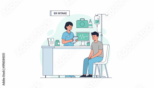 Doctor consulting patient in clinic medical examination and healthcare concept. Vector Illustration. EPS Editable