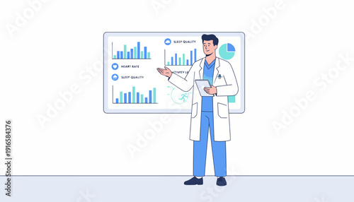 Doctor presenting medical data and research findings on a whiteboard. Vector Illustration. EPS Editable