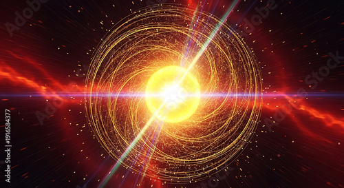 a luminous cosmic core radiating light enveloped by golden swirls and dynamic beams depicting abstract physics and technology.