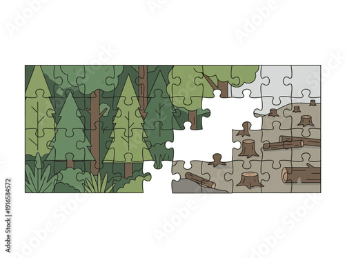 Forest clearing puzzle pieces showing deforestation concept. Vector Illustration. EPS Editable