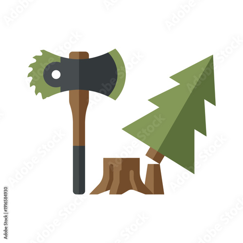 Illustration of an axe cutting down a tree stump. Vector Illustration. EPS Editable