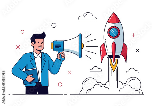 Man with Megaphone Announcing Rocket Launch.