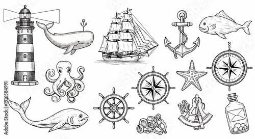 Εκτύπωση καμβά Title: Vintage Nautical and Marine Life Sketch Collection - Hand Drawn Sea Eleme
