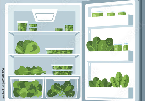 Organized Refrigerator Filled With Fresh Green Vegetables.