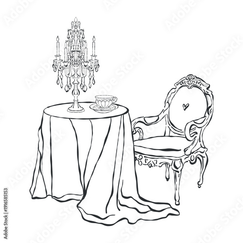 A romantic breakfast, elegant table setting, a flirty decorative tablecloth, candles, and a cup of tea. A composition of a table, chair, and decor in the Rococo and Baroque styles. Hand-drawn vector